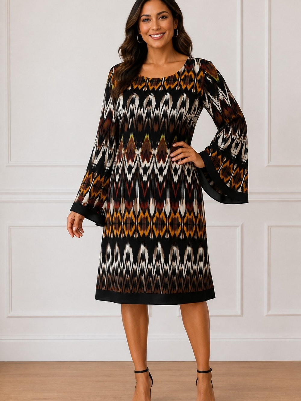 Ikat-Print Black Midi Dress with Mustard and Brown Accents
